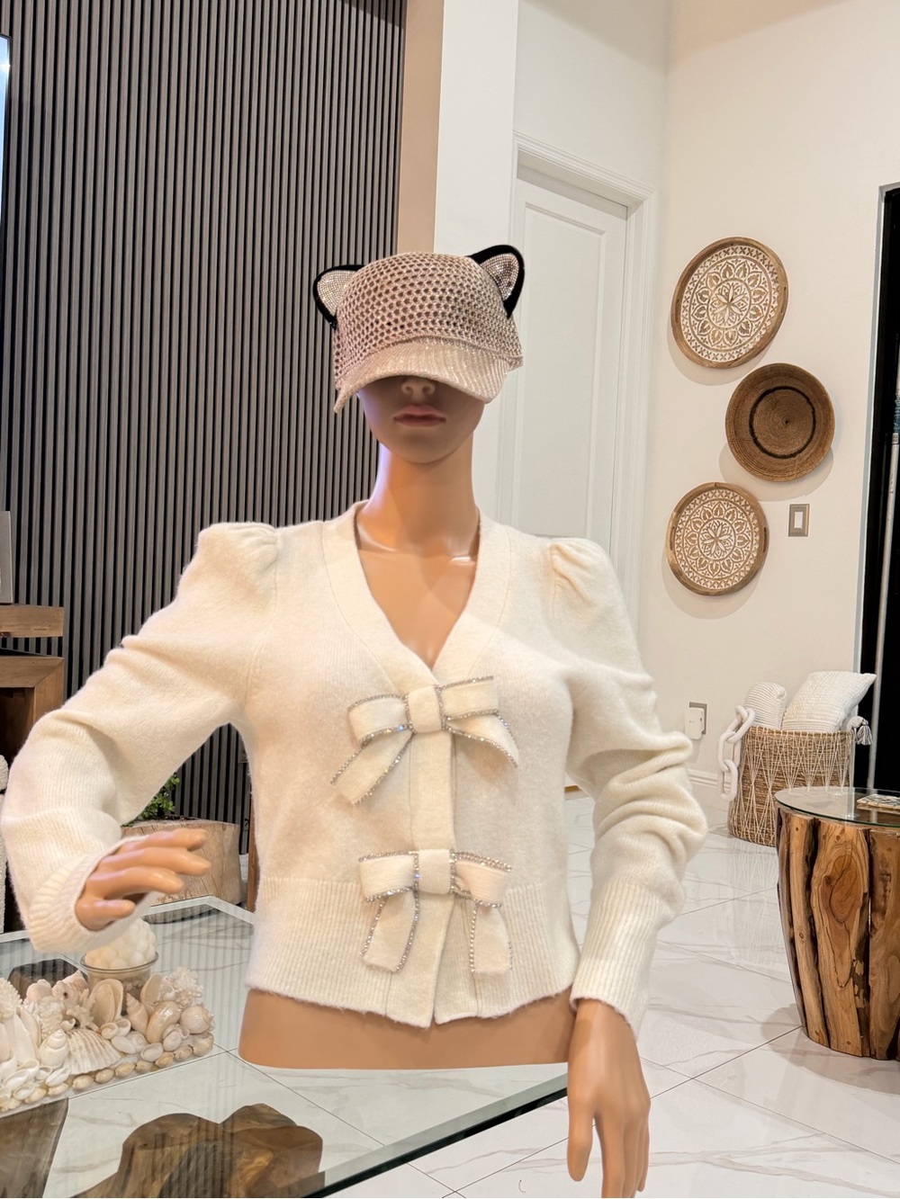 Express Cream Knit Cardigan with Bow Detail